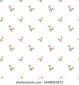 Vintage seamless floral pattern. Simple background of small orange flowers. White background. Hand drawn vector for printing on surfaces and web design.