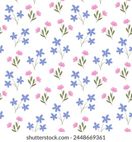 Vintage seamless floral pattern. Simple style background of small colorful flowers. White background. Hand drawn vector for printing on surfaces and web design.