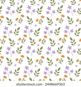 Vintage seamless floral pattern. Simple background of small wildflowers. Hand drawn v blooming flowers and leaves. White background. Vector for printing on surfaces and web design.