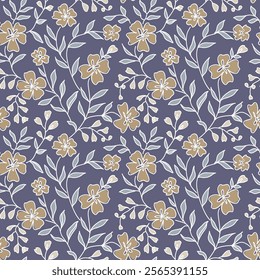 Vintage seamless floral pattern. Simple pretty flowers with leaves on blue background. Modern background for textiles, packaging, designs, fashion fabric, wallpaper.