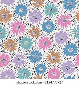 Vintage seamless floral pattern. Small blooming flowers scattered over a cream background. Pink, blue, purple and brown flowers with black dotted vector pattern.