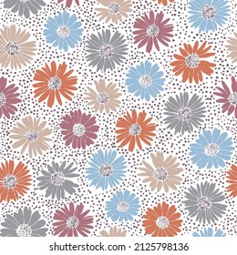 Patrón floral inmaculado. Pequeñas flores florecientes esparcidas sobre un fondo blanco. Flores rosas, naranjas, azules, grises y beige con un patrón vector de puntos marrones.