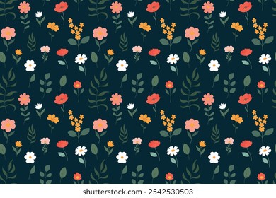 Vintage nahtlose Blumenmuster. Kleine Blumen auf grünem Hintergrund. Realistische Blumen. Vektorgrafik