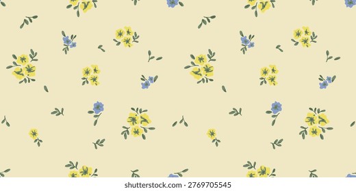 Vintage Seamless Floral Pattern with Small Yellow and Blue Flowers on Pale Background
