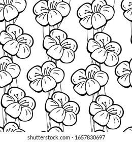 Vintage seamless floral pattern. Spring flowers and herbs. Botanical vector illustration. Engraving. Black and white on yellow background.