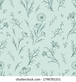 Vintage seamless floral pattern. Spring flowers and herbs. Botanical vector illustration.