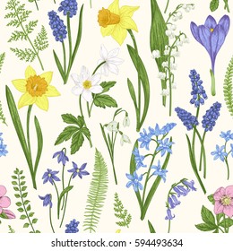 Vintage nahtlose Blumenmuster. Frühlingsblumen und Gras. Botanische Vektorgrafik. Gravur. Farbenfroh.