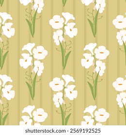 Vintage seamless floral pattern. Stylized beautiful white flowers on green background. Botanical design for wallpaper, textile, fabric, wrapping paper, cover, card