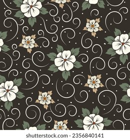 Vintage seamless floral pattern with swirls, flowers, and leaves against a dark background.