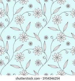 Vintage seamless floral pattern with white simple line flowers and leaves.Vector botanical ornament on blue background.For fabrics,textiles,wallpapers,wrapping papers,others.