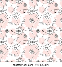 Vintage seamless floral pattern with white simple line flowers,leaves and pink spots.Vector botanical ornament on white background.For fabrics,textiles,wallpapers,wrapping papers,others.