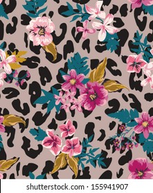 vintage seamless flower mix leopard vector pattern background