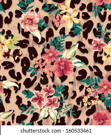 vintage seamless flower mix leopard vector pattern background