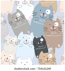 Vintage seamless funny cute kitty kitten cat blue grey pastel baby cartoon background pattern vector hand draw doodle comic art illustration