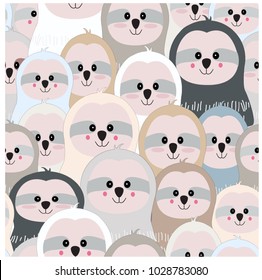 Vintage seamless funny lovely cute sloth blue grey pastel cartoon background pattern vector,doodle comic art illustration