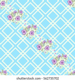 Vintage seamless geometric pattern with cute roses. Hand-drawn floral background for textile, cover, wallpaper, gift packaging, printing, scrapbooking.