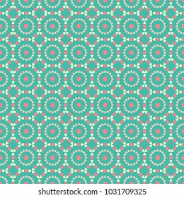 Vintage seamless geometric pattern, green pastel color, vector ethno folk pattern from multi-colored squares and triangles, rounded corners, for fabrics or print