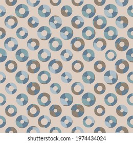 Vintage seamless geometric vector pattern with scratched old coin circles with holes on light beige background. Modern stylish texture for wallpaper, interior and fashion fabrics. 
