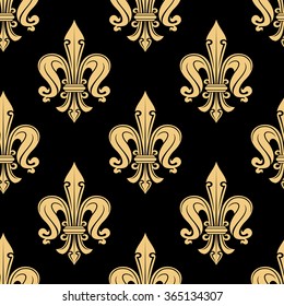 Vintage seamless golden fleur-de-lis pattern with decorative petals and curlicues ornament on black background. Luxury interior accessories or wallpaper design usage 