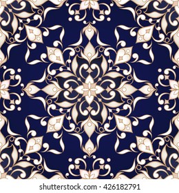 Vintage seamless golden ornate texture in Eastern style on dark blue.  Element for design. Ornamental backdrop. Pattern fill. Ornate floral decor for wallpaper. Traditional golden decor.