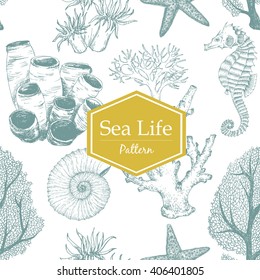 Vintage seamless graphic pattern, sea life coral, seahorse, starfish, linear dudling