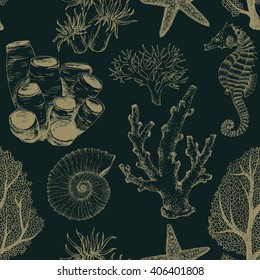 Vintage seamless graphic pattern, sea life coral, seahorse, starfish, linear dudling, dark background