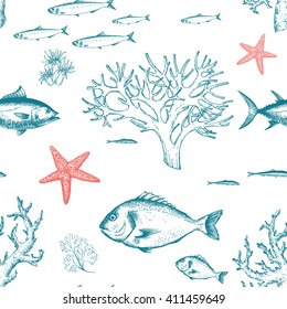 Vintage seamless graphic pattern, sea life coral, seahorse, starfish, linear dudling