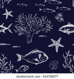 Vintage seamless graphic pattern, sea life coral, seahorse, starfish, linear dudling,black background