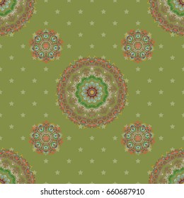 Vintage seamless grid for design template. Seamless pattern in Eastern style with green and orange elements. Vector sketch for cards, thank you message, printing.