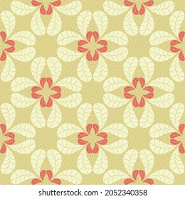 Patrón de rejilla inmaculado con flores de hojas blancas y leídas sobre textura geométrica de encaje amarillo dorado. Ilustración vectorial para papel pintado, decoración casera y papel de envoltura navideña.