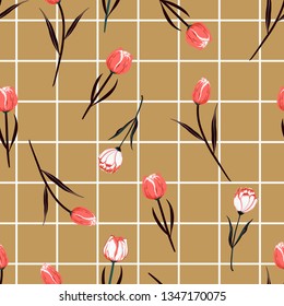 Vintage Seamless hand drawn  blooming tulip flowers on grid line check  background. Vector summer design for fashion fabric and all prints on stylish brown background color