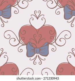 Vintage seamless with hand drawn heart and bow. Vector illustration