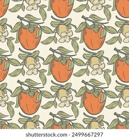 Vintage seamless hand drawn pattern with persimmon flowers and fruits. Delicate persimmon blossom background. Fruit print for packaging, textile, paper, vector graphic