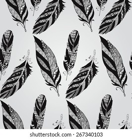 Vintage Seamless Hand Sketched Doodle Pattern with Feathers. Vector Illustration with Swatches. Transparent Background