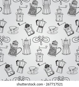 Vintage Seamless Hand Sketched Doodle Pattern with Teapots and Coffee Mills. Vector Illustration with Swatches. Transparent Background