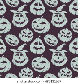 Vintage Seamless Hand-drawn Pattern with Emotional Halloween Pumpkins 