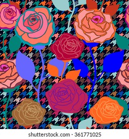 Vintage seamless hounds tooth vector pattern with colorful roses. Classical English checkered textile design. Dark retro colors palette. Backgrounds & textures shop.