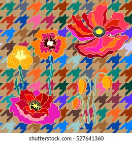 Vintage seamless hounds tooth vector pattern with poppies. Classical English checkered textile design. Retro colors palette. Pink, blue, beige.