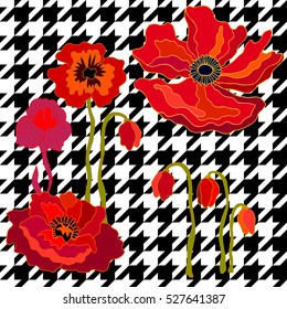 Vintage seamless hounds tooth vector pattern with poppies. Classical English checkered textile design. Retro colors palette. Black, white, red.