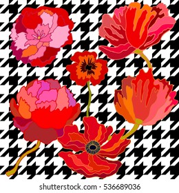 Vintage seamless hounds tooth vector pattern with poppies and peopies. Classical English checkered textile design. Dark retro colors palette. Red, black.