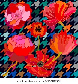 Vintage seamless hounds tooth vector pattern with poppies and peopies. Classical English checkered textile design. Dark retro colors palette. Red, black, blue.
