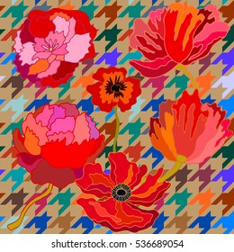 Vintage seamless hounds tooth vector pattern with poppies and peopies. Classical English checkered textile design. Dark retro colors palette. Red, multicolored.