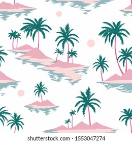 Vintage seamless island pattern. Colorful summer tropical background. Landscape with palm trees, beach and ocean. Flat design, vector. Good for textile, fabric, t-shirt, wallpaper, wrapping.