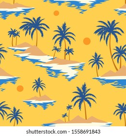 Vintage seamless island pattern. Colorful summer tropical background. Yellow landscape with palm trees, beach and ocean. Flat design, vector. Good for textile, fabric, t-shirt, wallpaper, wrapping.