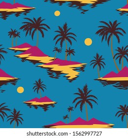 Vintage seamless island pattern. Colorful summer tropical background. Landscape with palm trees, beach and ocean. Flat design, vector. Good for textile, fabric, t-shirt, wallpaper, wrapping.