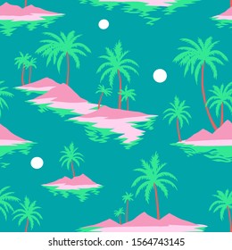 Vintage seamless island pattern. Colorful summer tropical background. Landscape with palm trees, beach and ocean. Flat design, vector. Good for textile, fabric, t-shirt, wallpaper, wrapping.