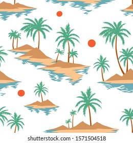 Vintage seamless island pattern. Colorful summer tropical background. Landscape with palm trees, beach and ocean. Flat design, vector. Good for textile, fabric, t-shirt, wallpaper, wrapping.