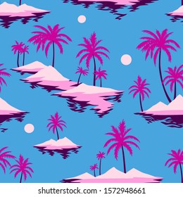 Vintage seamless island pattern. Colorful summer tropical background. Yellow landscape with palm trees, beach and ocean. Flat design, vector. Good for textile, fabric, t-shirt, wallpaper, wrapping.