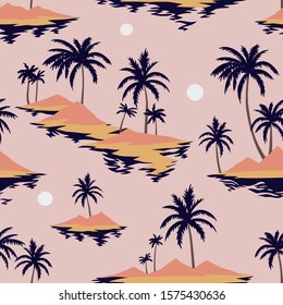 Vintage seamless island pattern. Colorful summer tropical background. Landscape with palm trees, beach and ocean. Flat design, vector. Good for textile, fabric, t-shirt, wallpaper, wrapping.