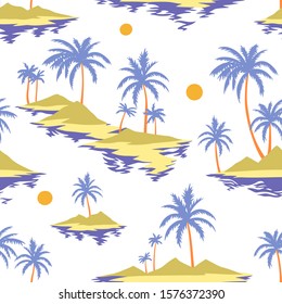 Vintage seamless island pattern. Colorful summer tropical background. Landscape with palm trees, beach and ocean. Flat design, vector. Good for textile, fabric, t-shirt, wallpaper, wrapping.